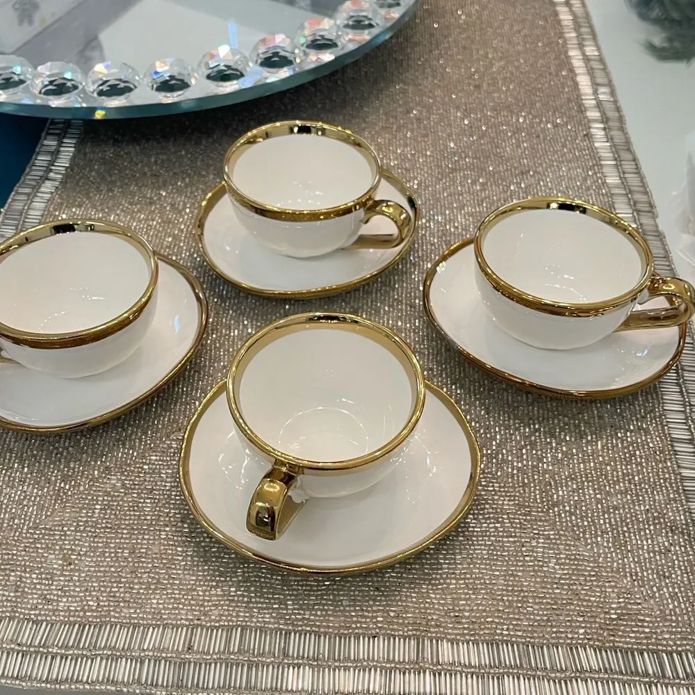 Set of 4 Gold Metallic Porcelain Cup & Saucer